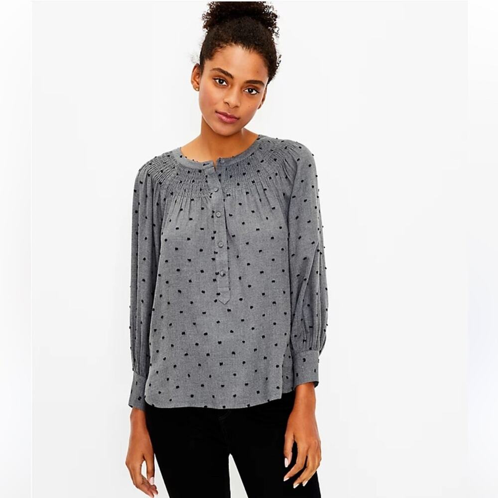 Loft Gray Clip Dot Flannel Smocked Henley Popover Blouse M